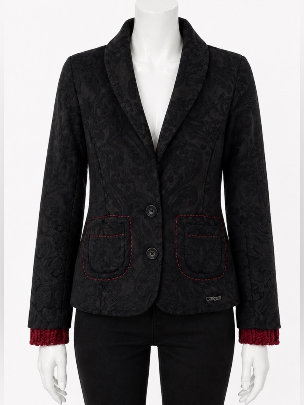 Desigual Black Jacquard Blazer with Red Stitch Detail